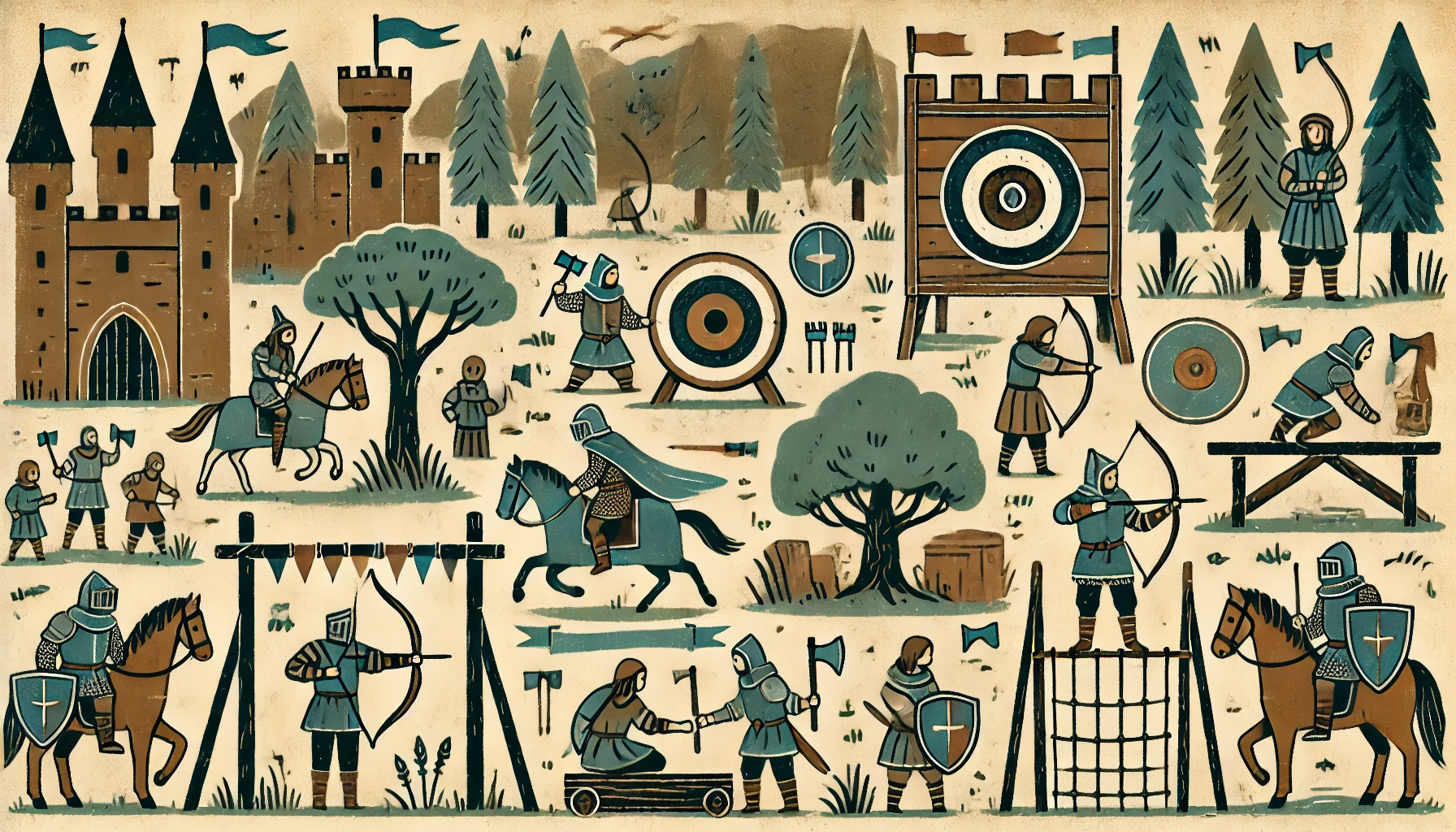 Hand drawn style medieval activities such as archery